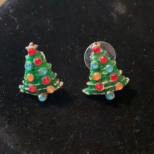 Festive Silver, Green and Multi-colored Christmas Tree Post Earrings